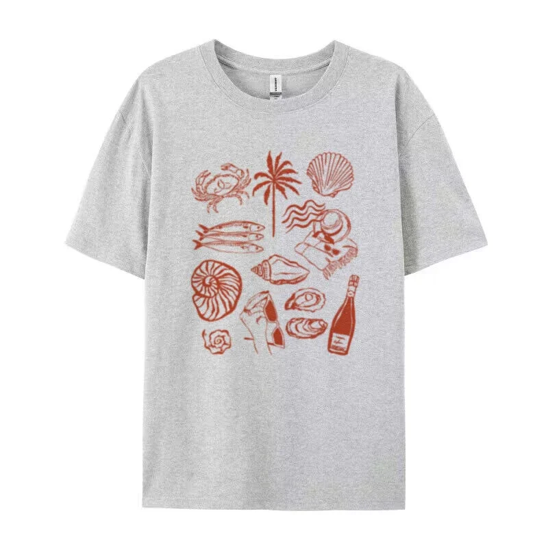 المرأة العصرية الصيف المحيط الساحلية الجرافيك تيز الرجعية الجمالية لا دولتشي فيتا تي شيرت لطيف المحار النبيذ قميص الشاطئ عطلة القمم