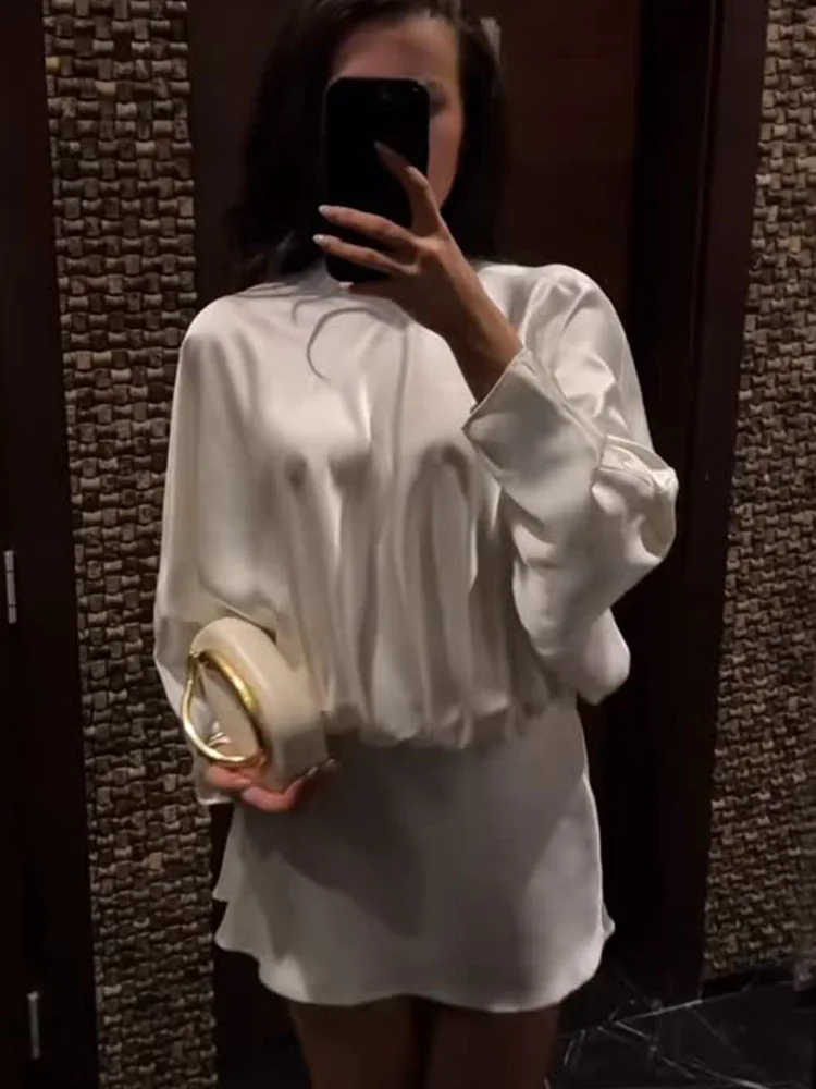 HH レディース 2025 ファッション シルクサテン風 スカーフデザイン 蝶ネクタイ ショートドレス 女性らしい気質 ハイネック 長袖 カジュアルドレス