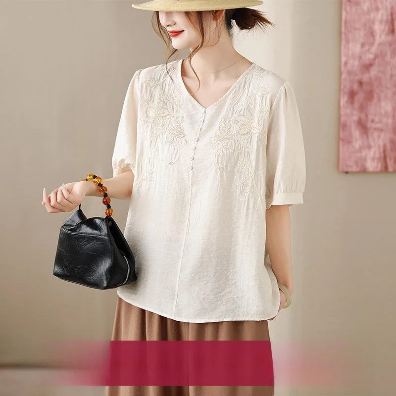 

Summer New V-neck Embroidered Short Sleeve Cotton Linen Style Women's Shirt Artistic Style Loose Fit Diamond Studded T-shirt