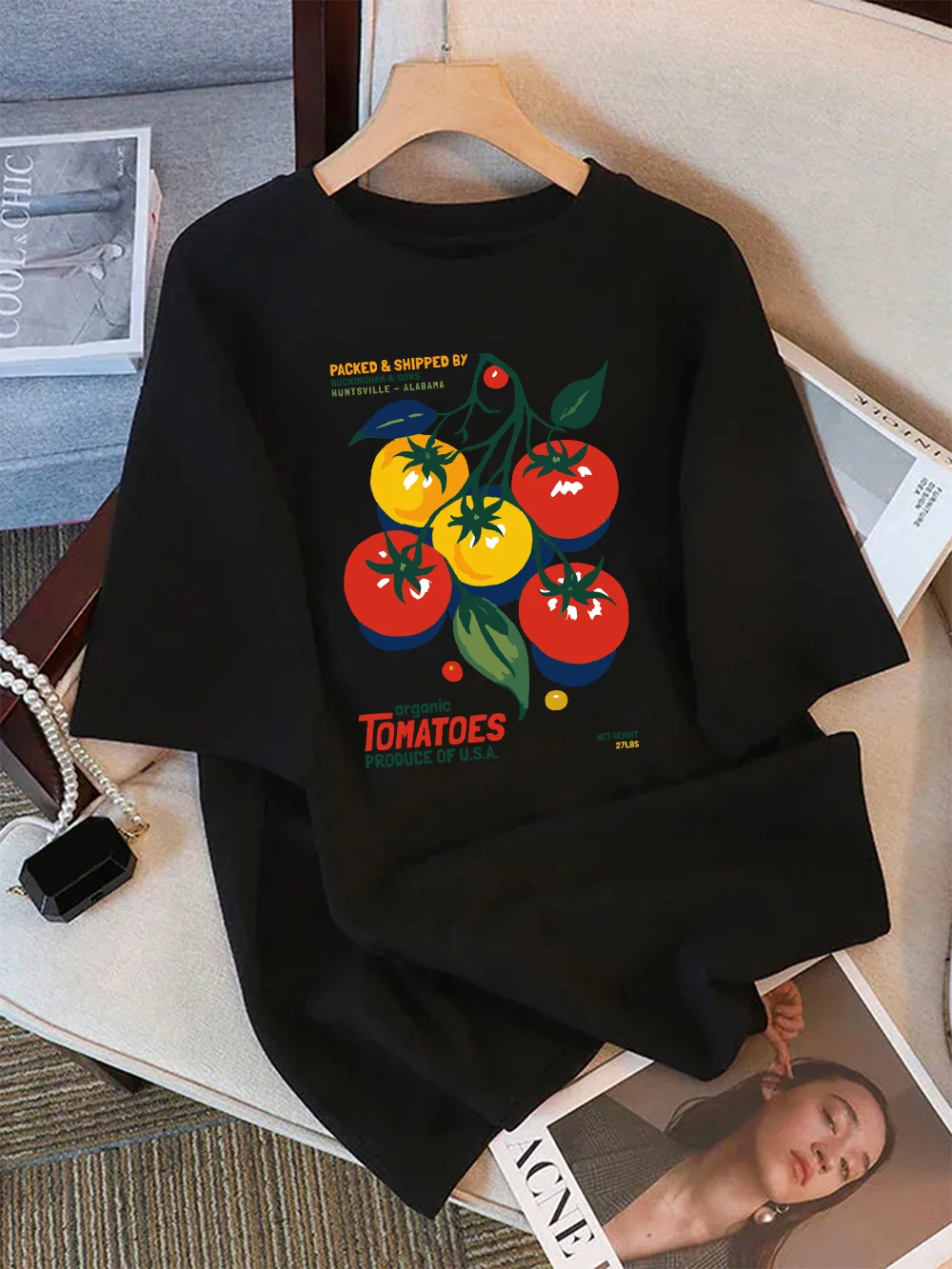 Summer T-Shirts Women Organic Tomatoes Produce Of Usa Prints Short Sleeve O-Neck Comfortable Loose Tops Casual Clothes
