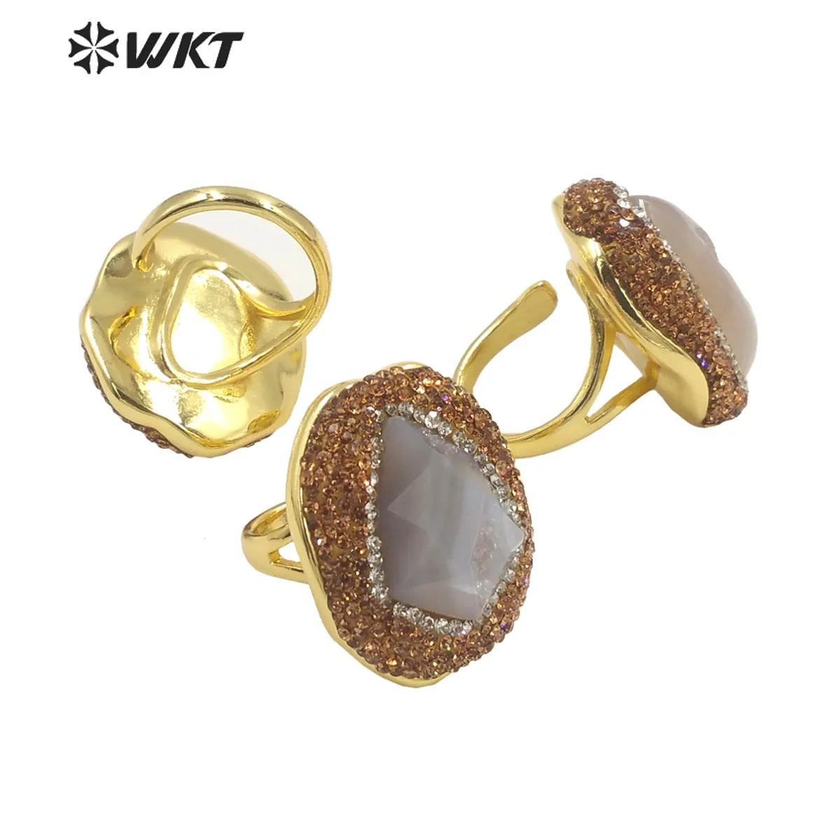 WT-R497 New Popular Gorgeous 18K Real Gold Plated Natural Grey Druzy Geode Agate Arrow Shape With Rhinestone Set Jewelry Ring