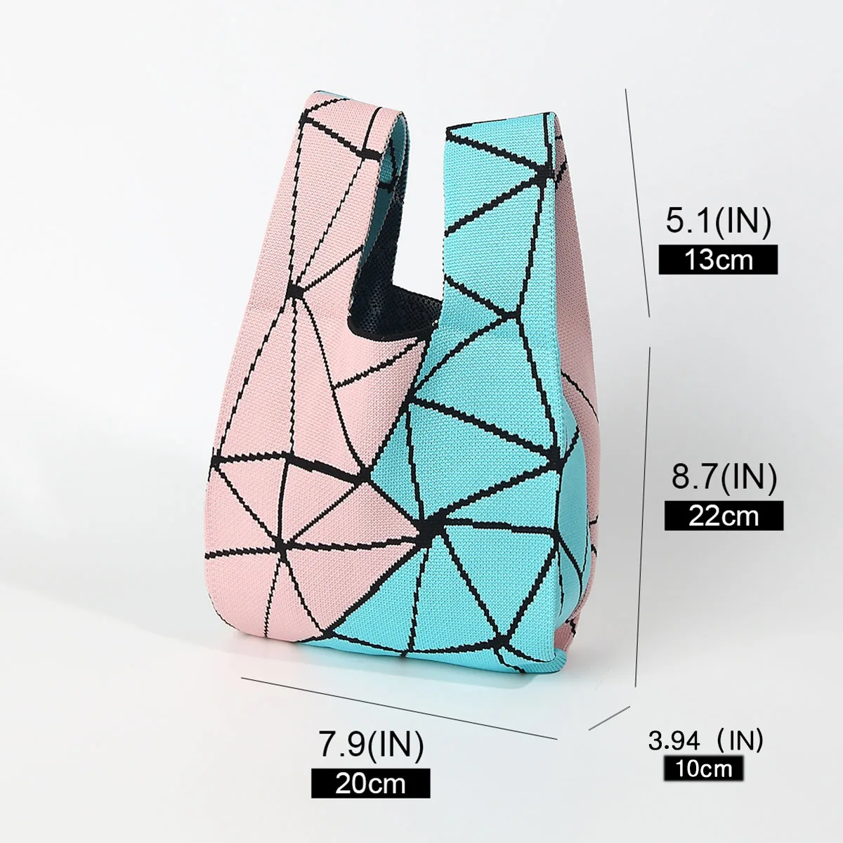 Contrasting Color Triangular Geometric Line Knit Handbag, Suitable for Daily Shopping, Commuting, and Walking, Usable in All Seasons, a Gift for Students and Children, Made of Soft and Lightweight Foldable Fabric, with a Sturdy and Durable Shoulder Strap
