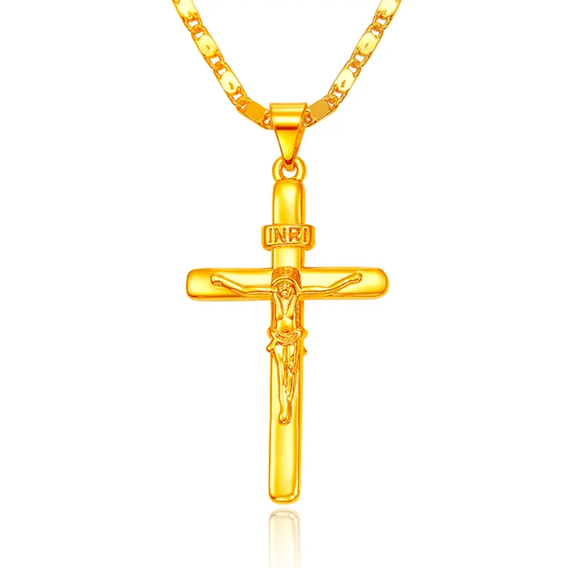 24K Gold Color Necklace Cross Pendant Necklace For Women/Men Couple Necklace Jewelry Gift