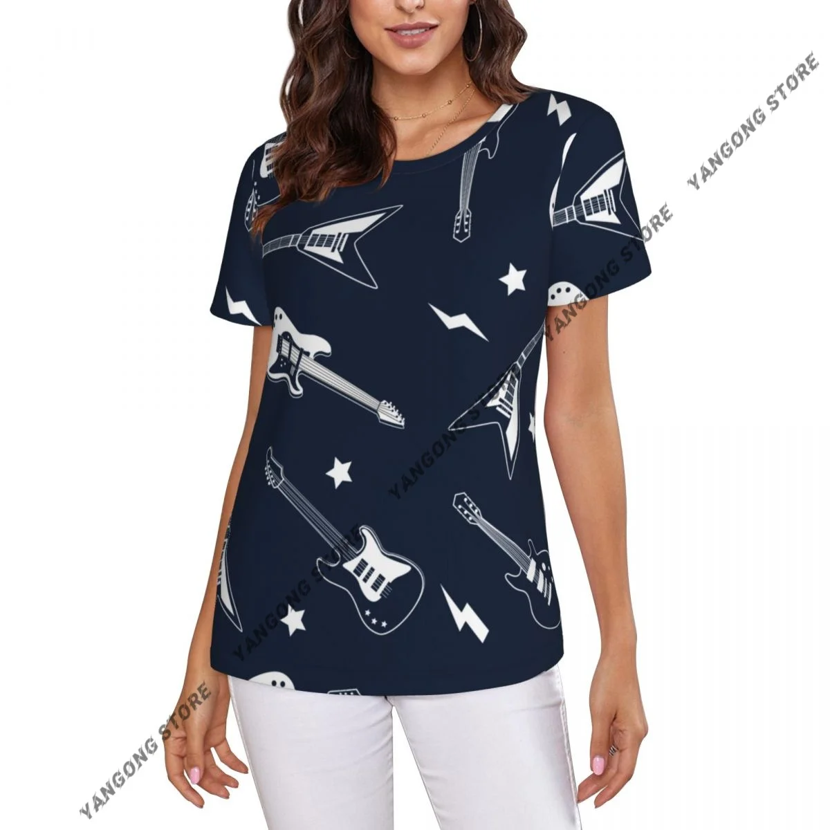 T Shirt Women Different Kinds Of Guitar Print Tee Shirt Casual Round Neck Short Sleeve Streetwear Female T-Shirt