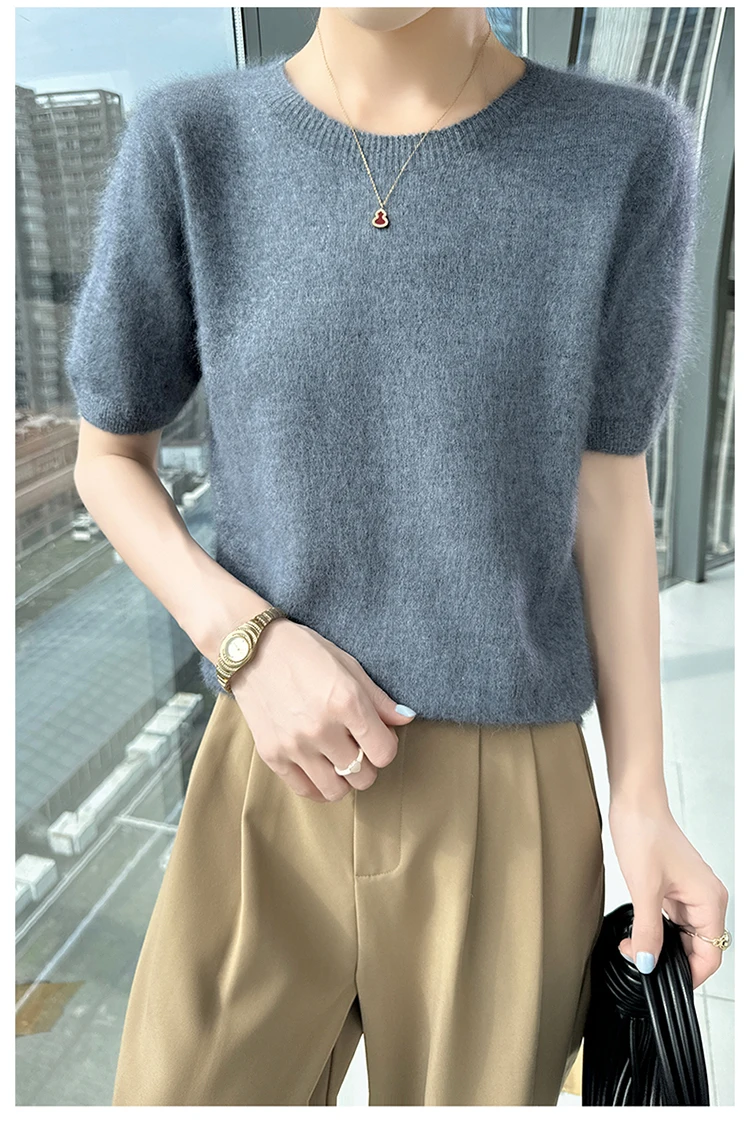 Neuer gestrickter Damen-Pullover aus 100 % Nerz-Kaschmir mit kurzen Ärmeln, einfacher und vielseitiger Damen-Pullover mit O-Ausschnitt der Marke FRSEUCAG – Detail 19