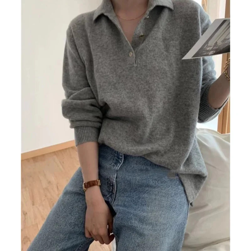 Fashion POLO half-neck cashmere knitwear women autumn winter new loose versatile Korean version cardigan base sweater