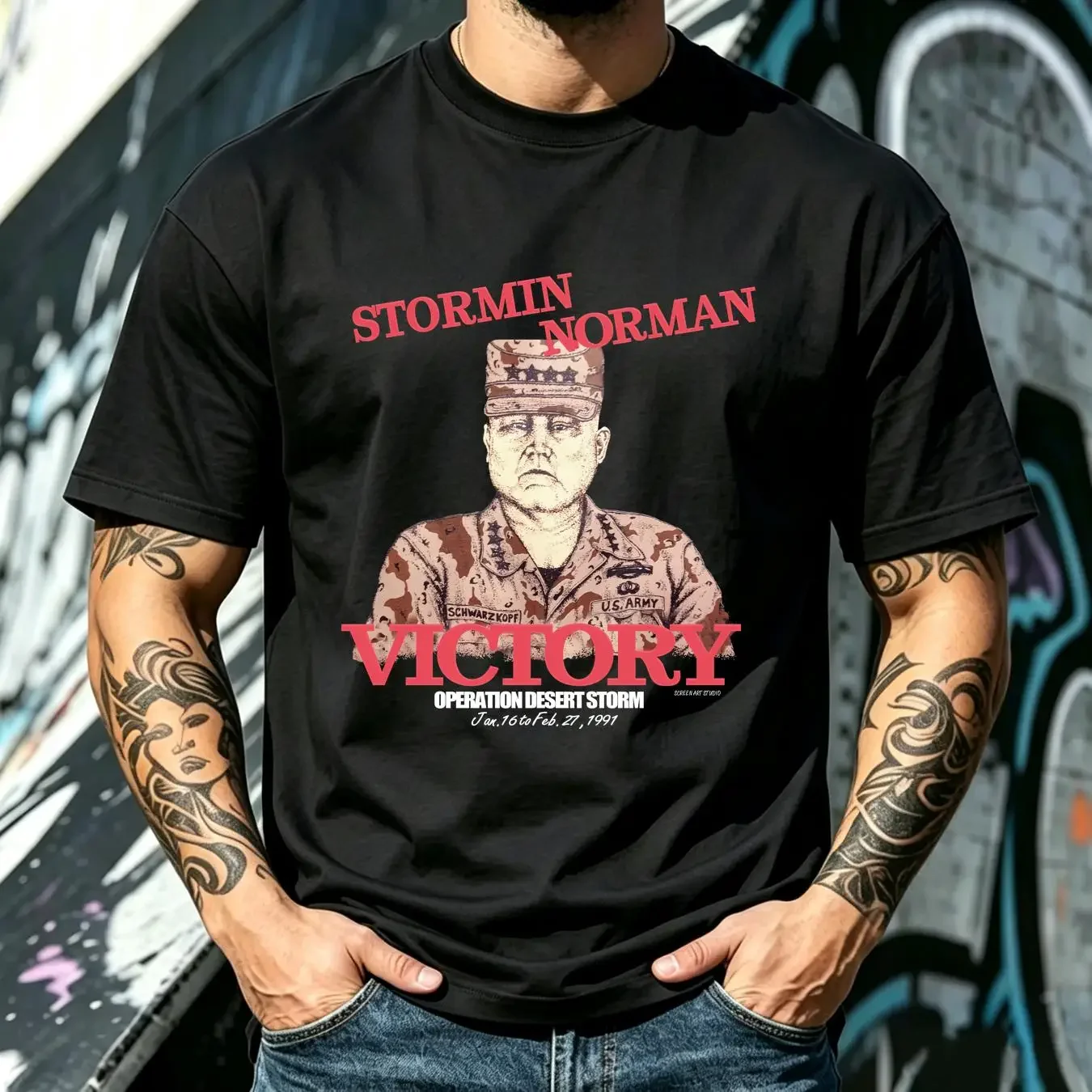 washed T Shirt Vintage 1991 Stormin' Norman Schwarzkopf Military USA Victory Screen A11 long or short sleeves vintage Washed