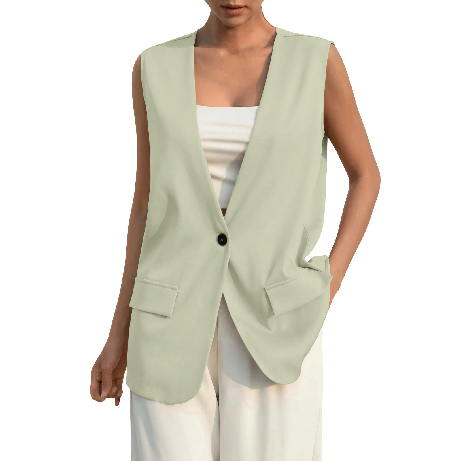 Fashion Design Suit Vest Lady Vintage V-neck Work Casual Loose Waistcoat Solid Color Single Button Sleeveless Thin Blazer Jacket