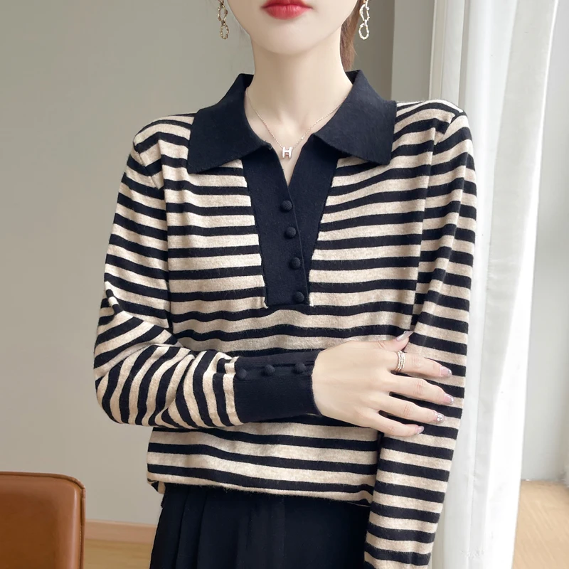 2024 New Cashmere Sweater Women's Flip Collar Striped Pullover Fashionable Cashmere SweaterLoose Knit Sweater Women's Trend