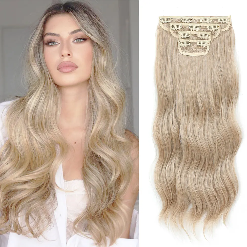 

4 PCS Clip In Hair Extensions 200G Synthetic Soft Long Wavy Hairpieces Thick Ends Natural Black Hair Pieces Hair Extension