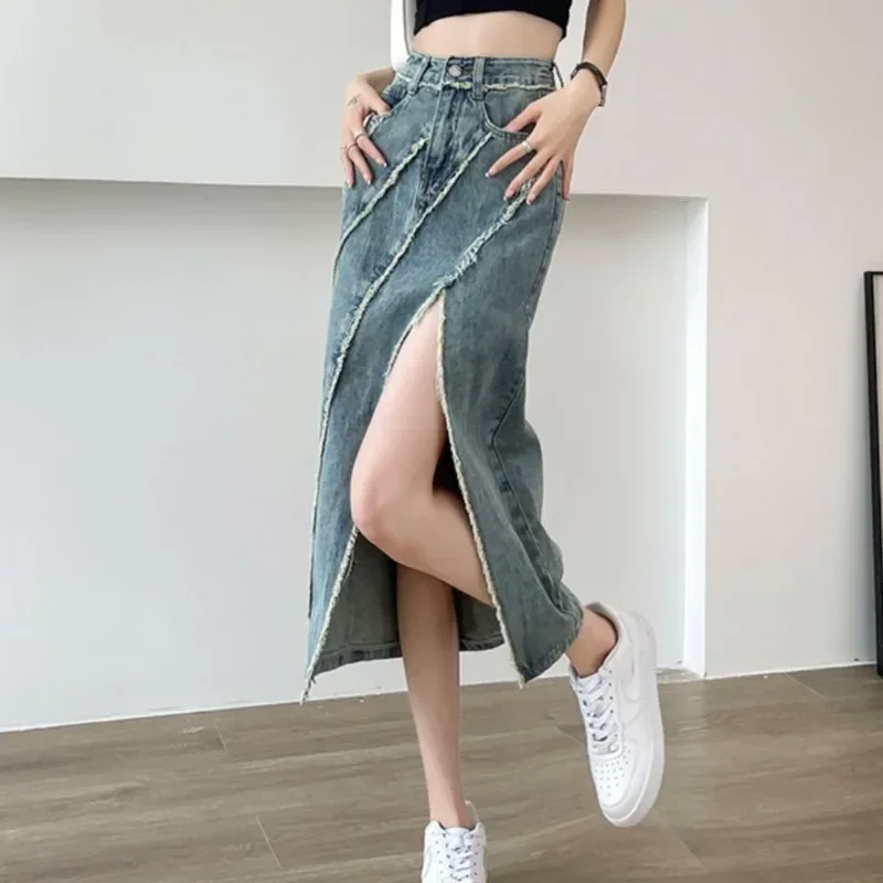 

Женские джинсовые юбки с карманным разрезом и высокой талией, женская джинсовая юбка, качественная Harajuku премиум-класса, корейская мода, эстетика