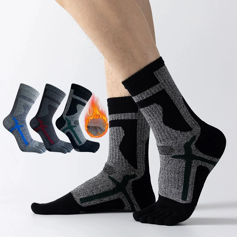 

Thick Sport Five Finger Socks Man Cotton Geometry Sweat-Absorbing Damping Towel Bottom Terry Bike Outdoor Basketball Toe Socks