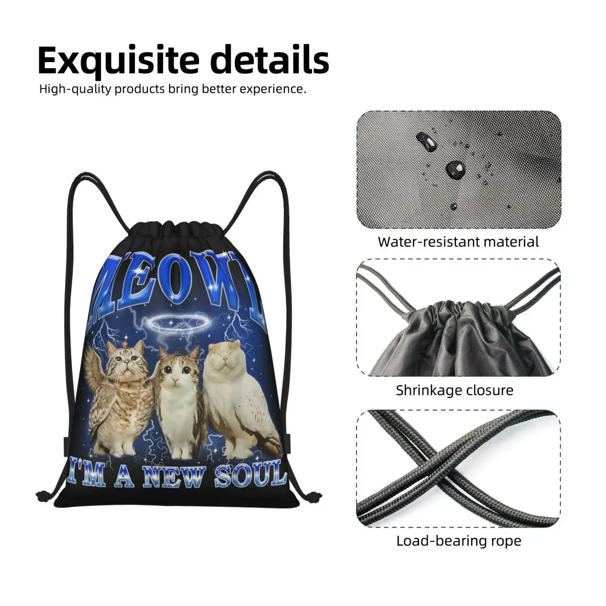 Meowl I'm A New Soul Cat Owl Funny Meme Drawstring Backpack Sports Gym Bag String Sackpack for Yoga