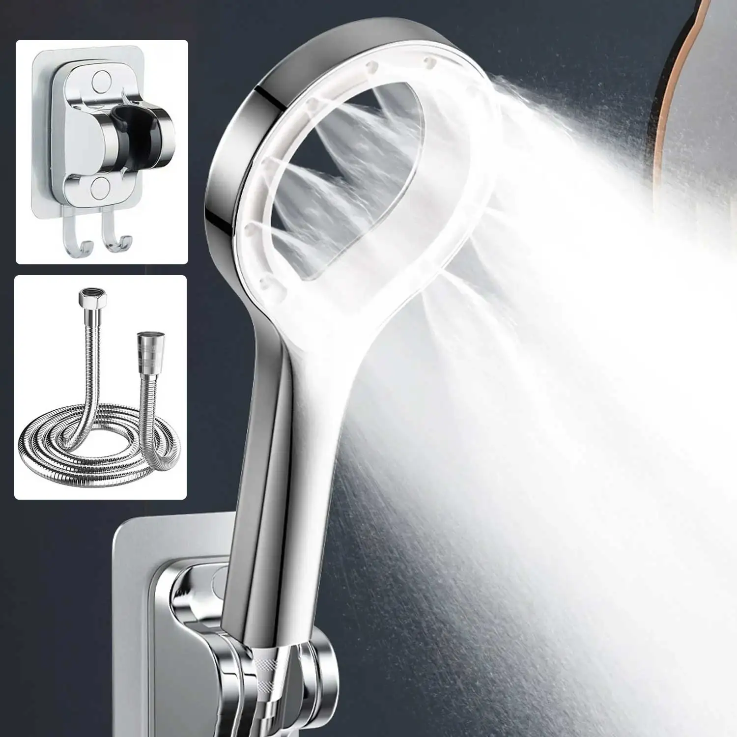 

1 Set Shower Head High Pressure Water Saving Handheld Shower Head With Powerful Shower Spray + Wall Mounted Bracket + 150cm Hose