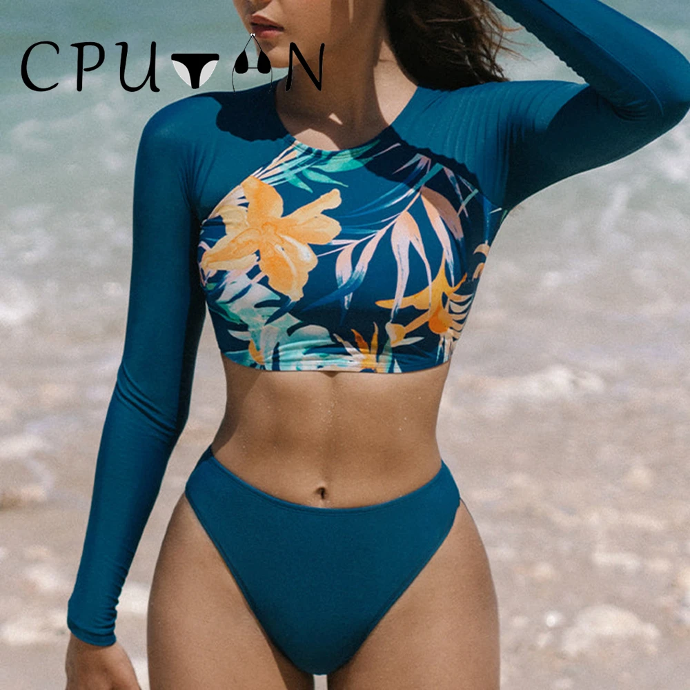 Cputan 2024ใหม่ชุดว่ายน้ำผู้หญิง tankini ชุดว่ายน้ำผู้หญิงชุดบิกินี่พิมพ์ลายเขตร้อนเซ็กซี่แขนยาวชุดว่ายน้ำฤดูร้อน
