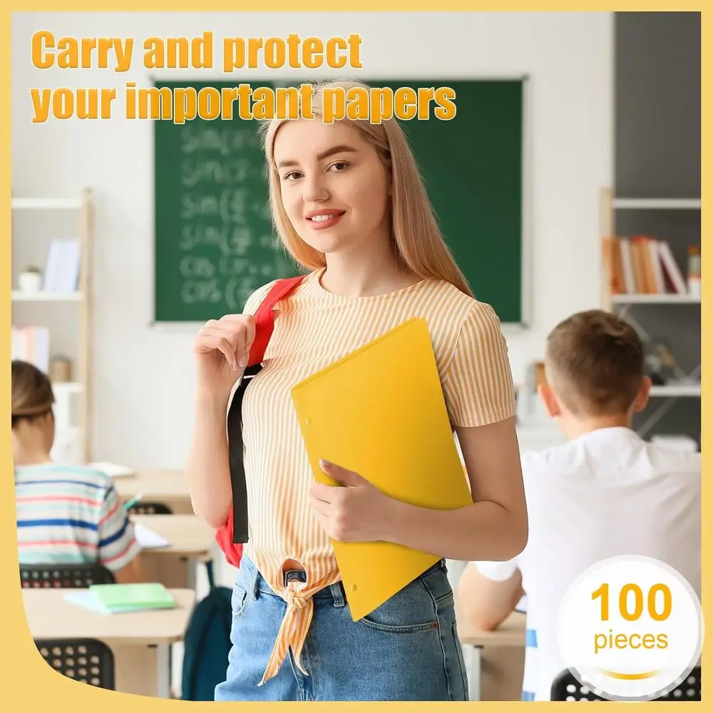 Paquete de 100 carpetas de plástico de 2 bolsillos con perforadora de 3 agujeros para carpetas de 3 anillas, material poli duradero, amarillo, adecuado para oficina y H