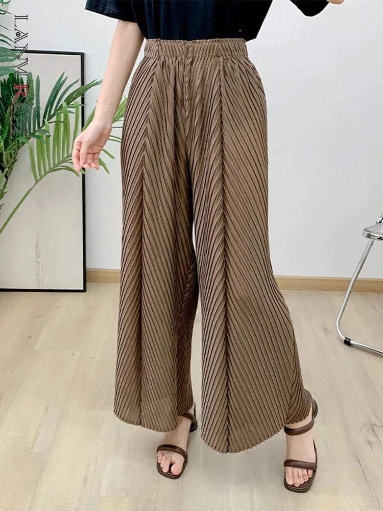 

LANMREM Casual Pleaated Wide Leg Pants For Women Elastic High Waist Solid Color Ankle-length Trousers 2024 New Clothing 2Z1925