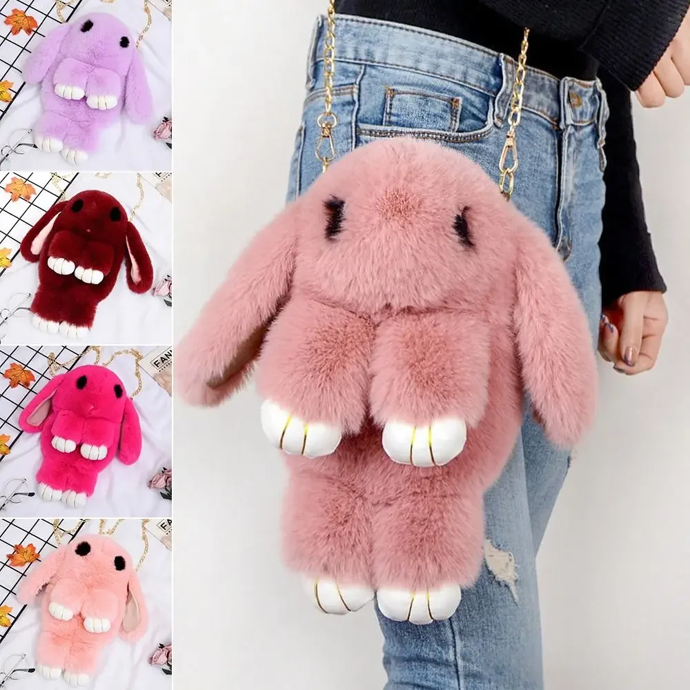 

Cute Fluffy Rabbit Fur Pompoms Chain Bag Women Cartoon Rabbit Sling Bag Fluffy Bunny Shoulder Plush Backpack Girls Birthday Gift