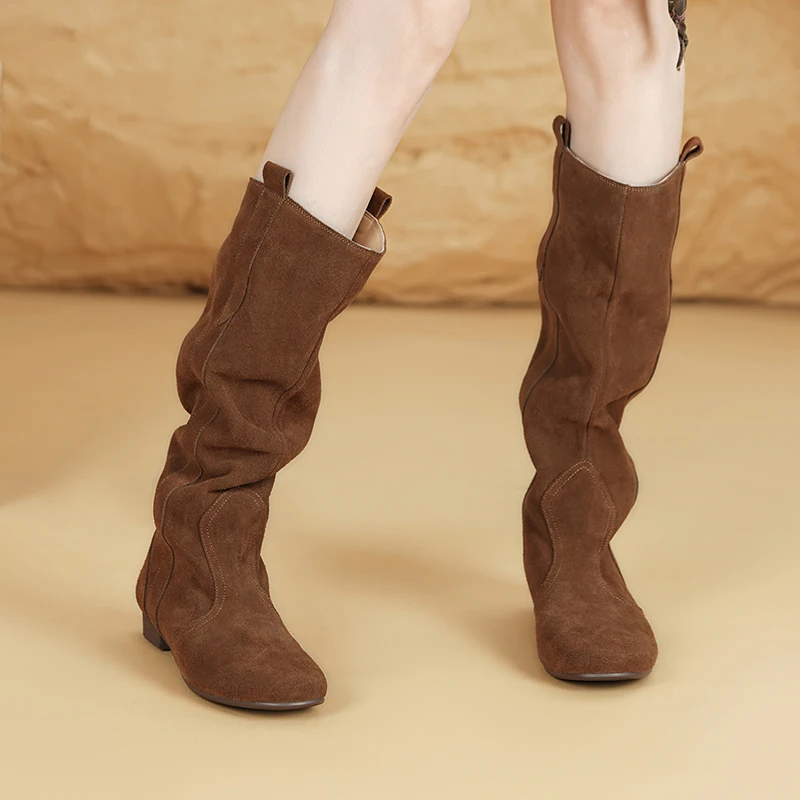 2027 New Autumn/Winter Women Boots Genuine Leather Women Shoes Square Toe Flat with Modern Knee-high Boots Western Boots