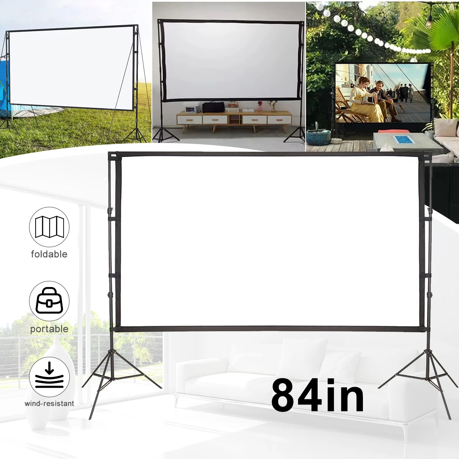 Schermo per proiettore da 84 pollici con supporto a treppiede doppio, schermo portatile per cinema all’aperto, schermo in poliestere pieghevole e antipiega, con rapporto 16:9 e risoluzione 4K HD,