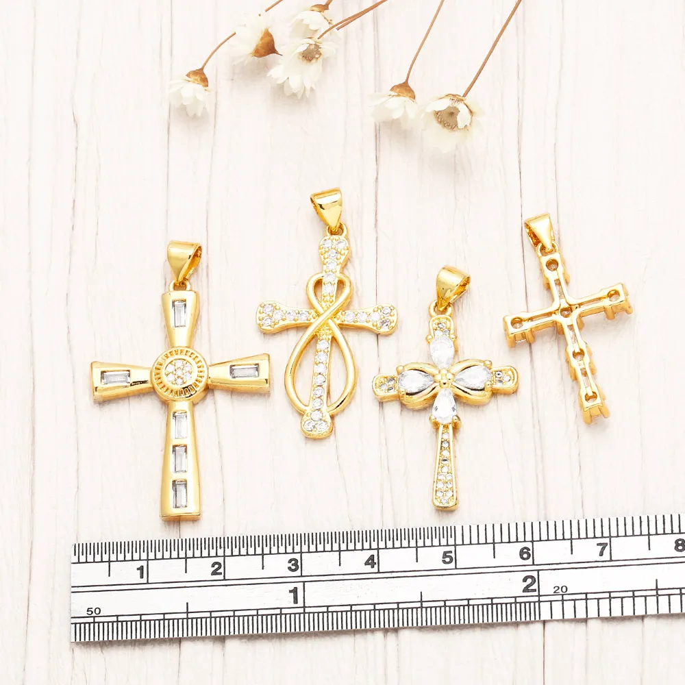 OCESRIO Trendy Big Crystal Cross Pendant for Necklace Copper Gold Plated Infinite Crucifix Jewelry Making Component pdtb097