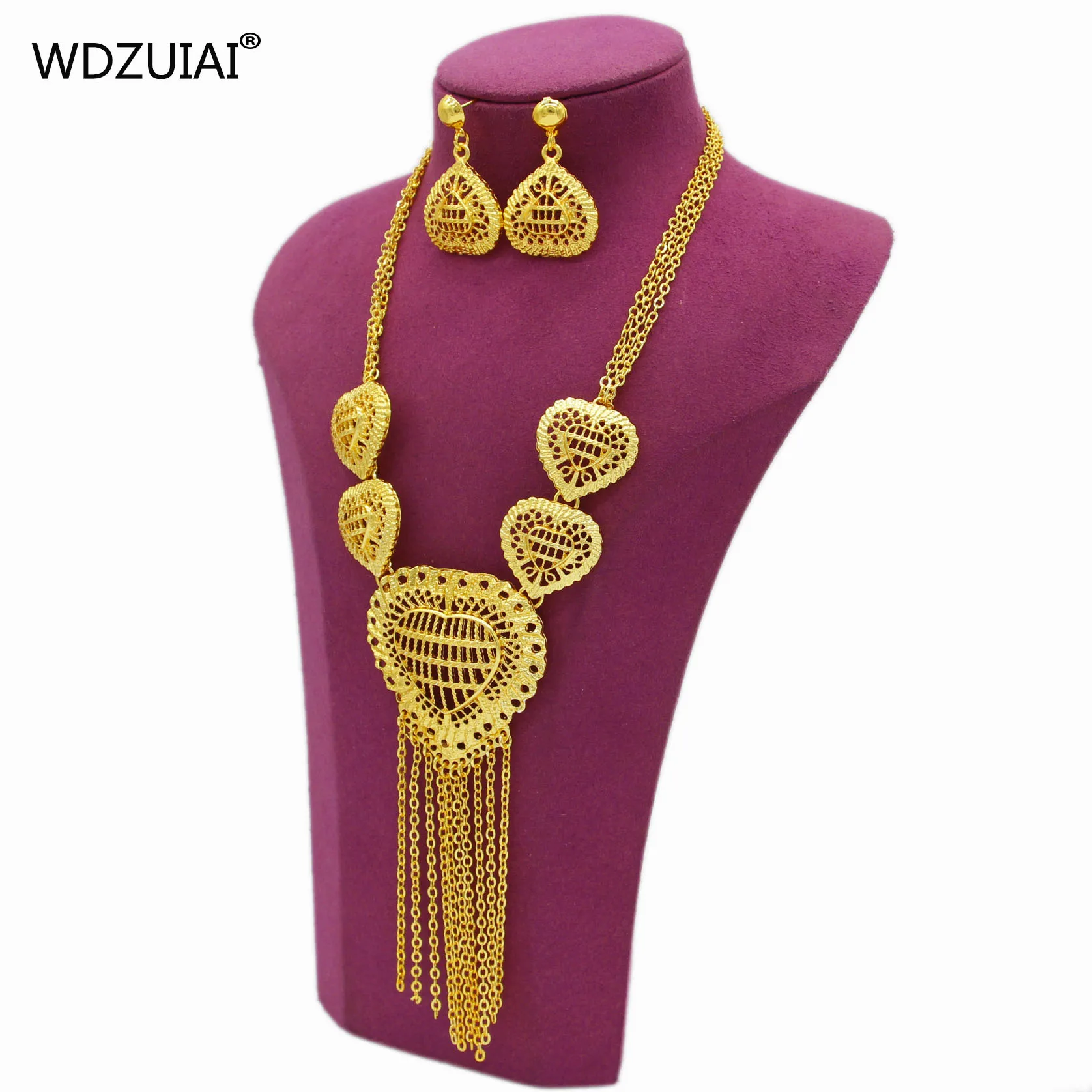 WDZUIAI Heart Shape Dubai Gold Color Necklace/Earrings Set African French Women Bridal Wedding Jewelry Girl Party Trendy Jewelry