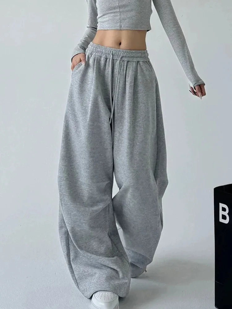 

Zoki Vintage Loose Gray Sweatpants Women High Waist Streetwear Pockets Pant American Retro Lace Up Female Wide Leg Trousers New