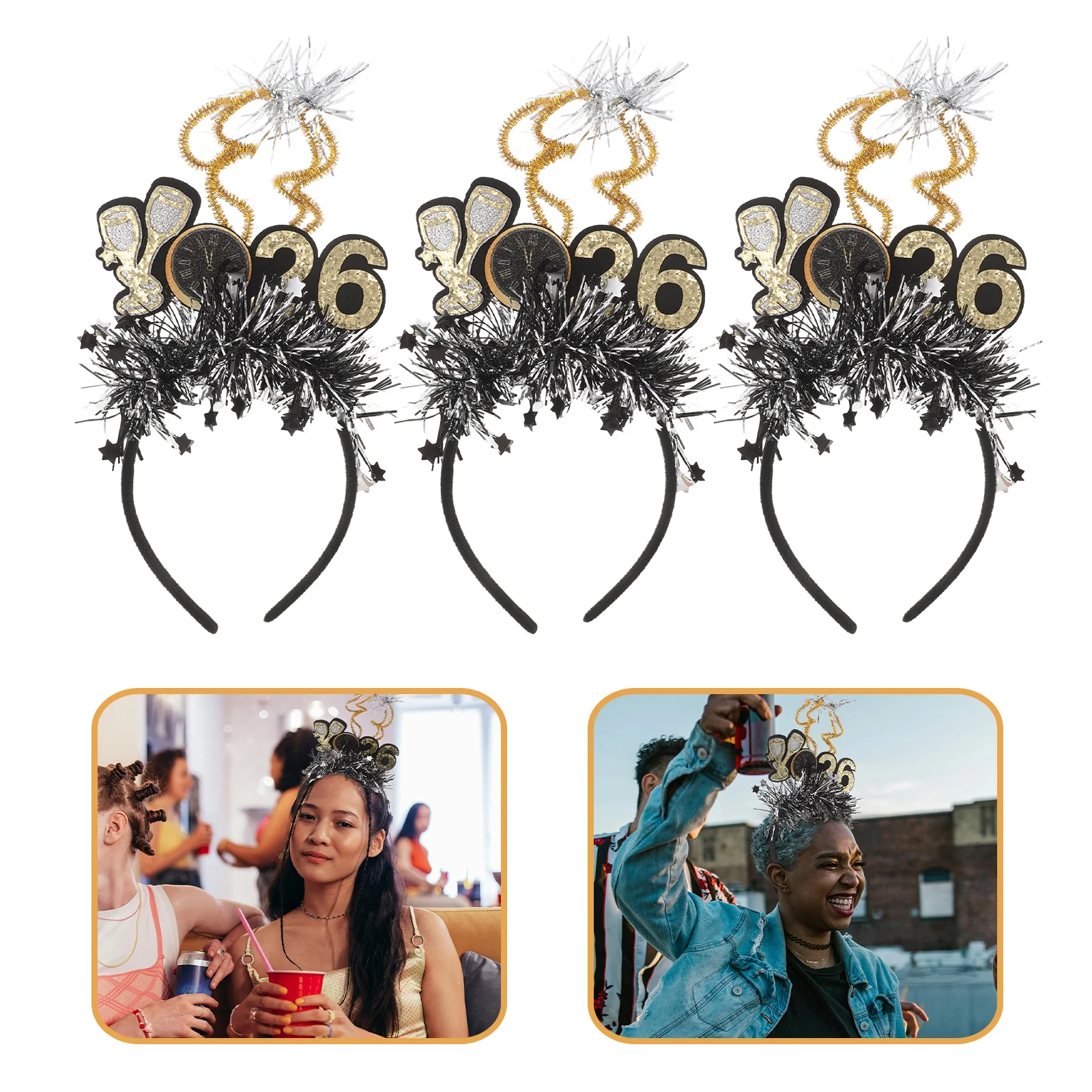 

3Pcs Happy New Year 2026 Headband Sparkling Star Decorative Hair Accessory for Women Elegant Party Festival Celebration Outfit