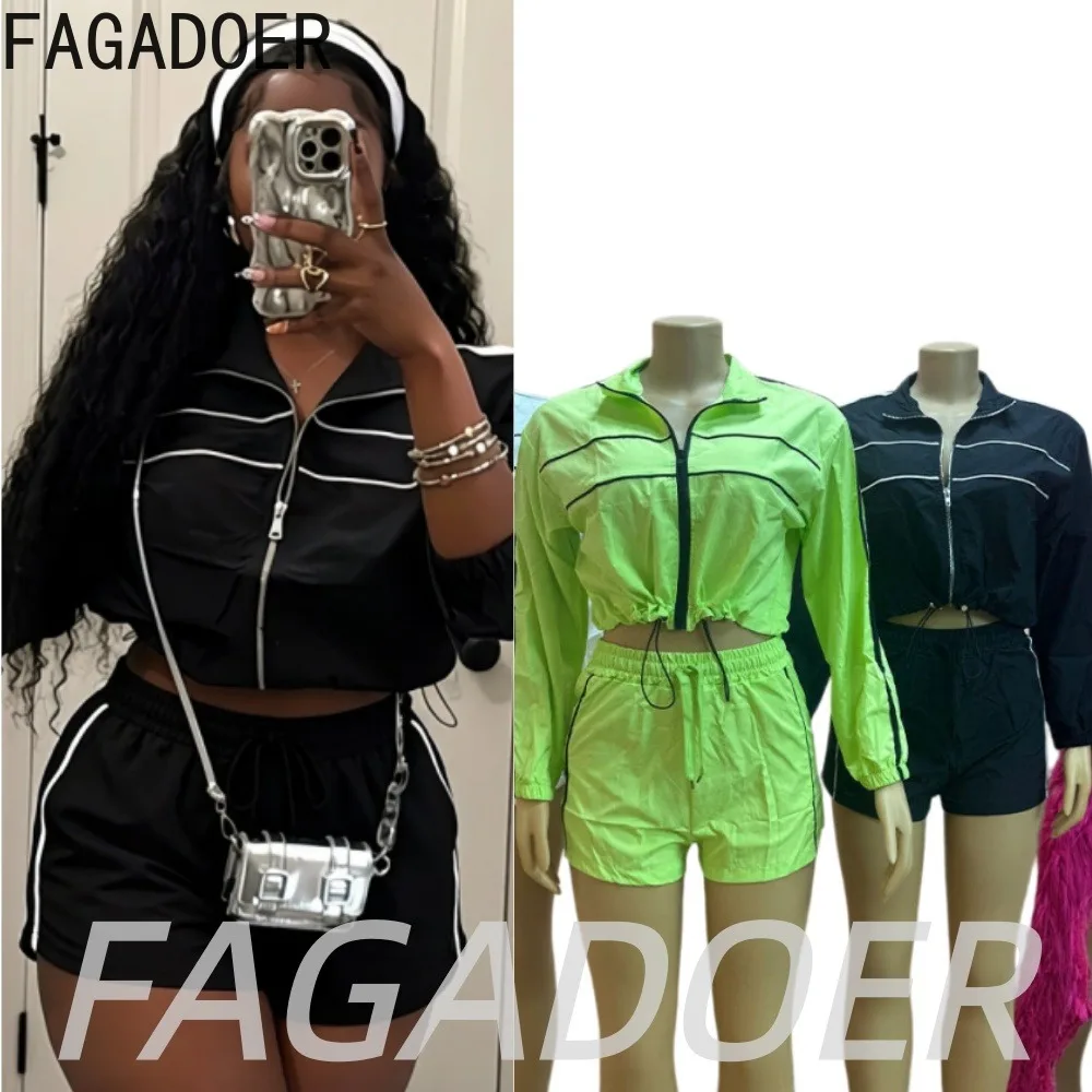 FAGADOER Casual Striped Patchwork Shorts Two Piece Sets Women's Clothing Sports Zipper Jacket Top and Drawstring Shorts Outfits