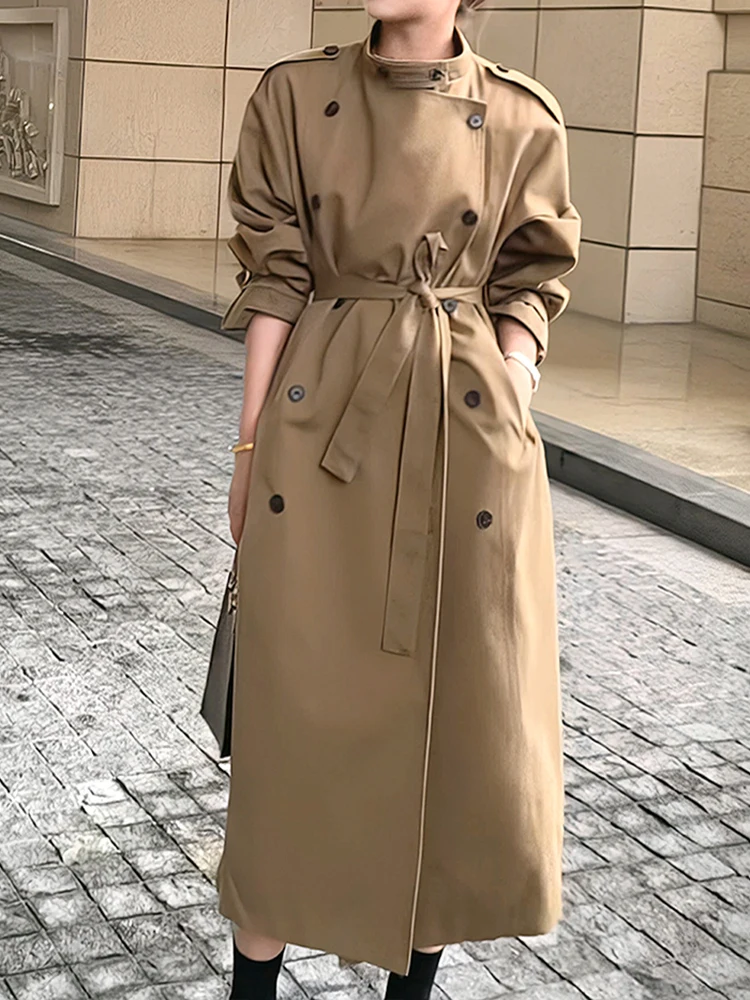 YERMORA Khaki Belted Temperament Trench For Women Stand Collar Long Sleeve Fashion Tide Windbreaker Spring Autumn 2024 New A26