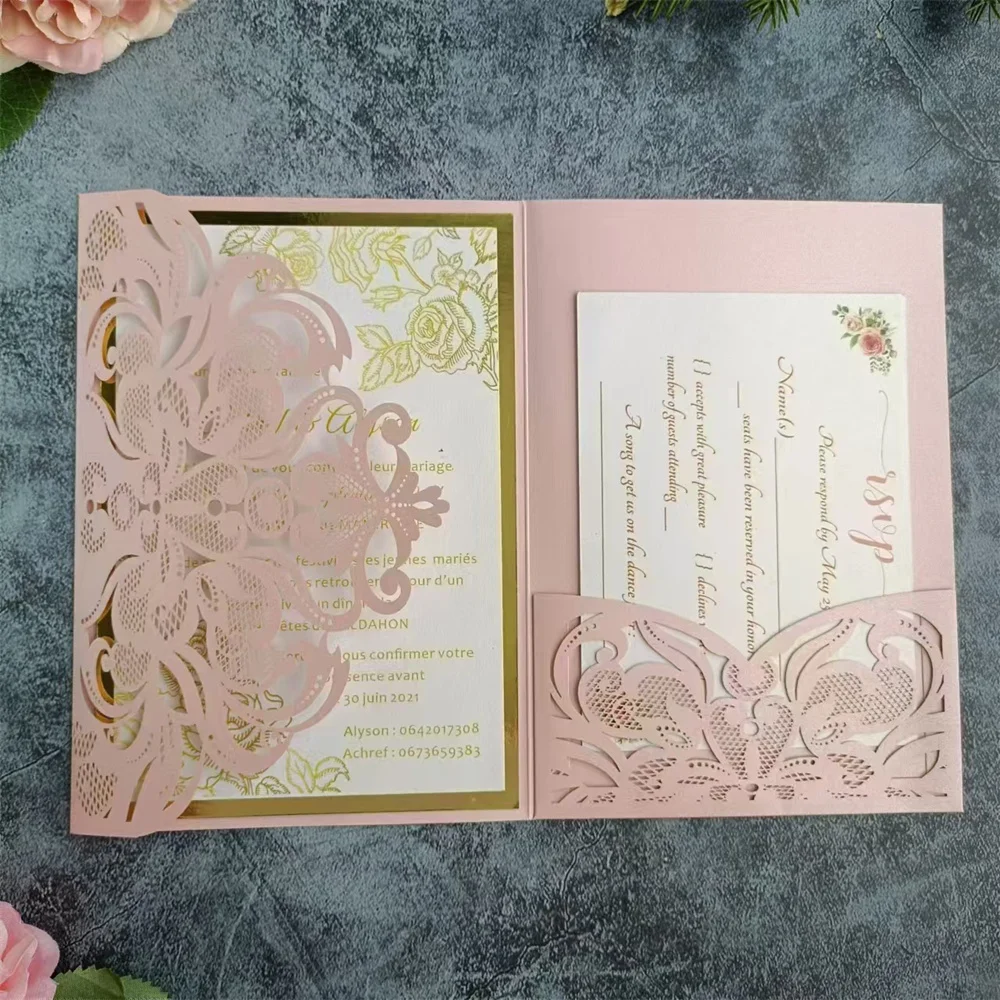 Invitation Card Pocket Folder for Wedding and Engagement, Gala Awards, Custom Invite Printing, 50 Sets