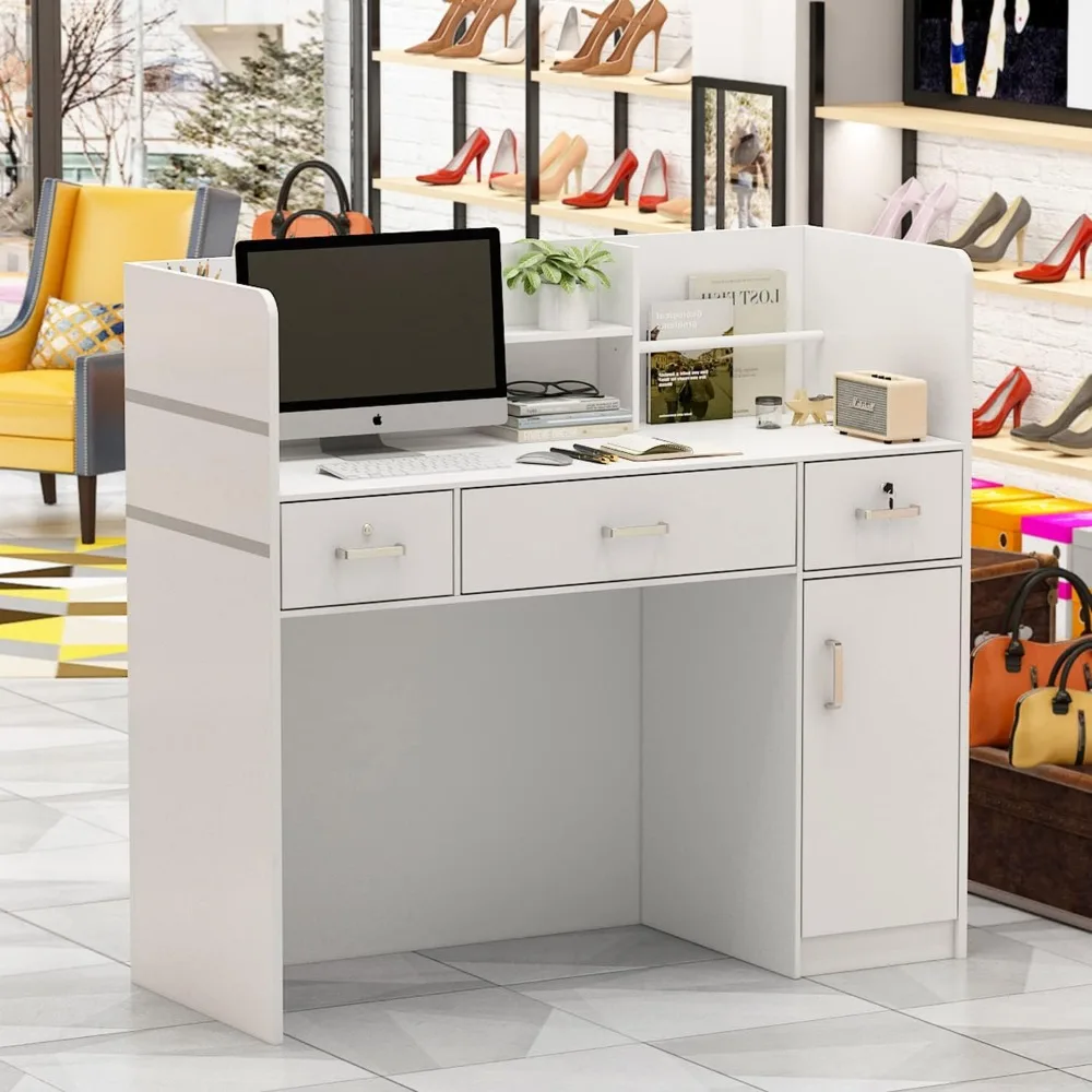 

Modern Reception Desk with 3 Drawers, 1 Door Storage Cabinet & Hutch Shelf, Office Wooden Computer Desk, Writing Study Table PC