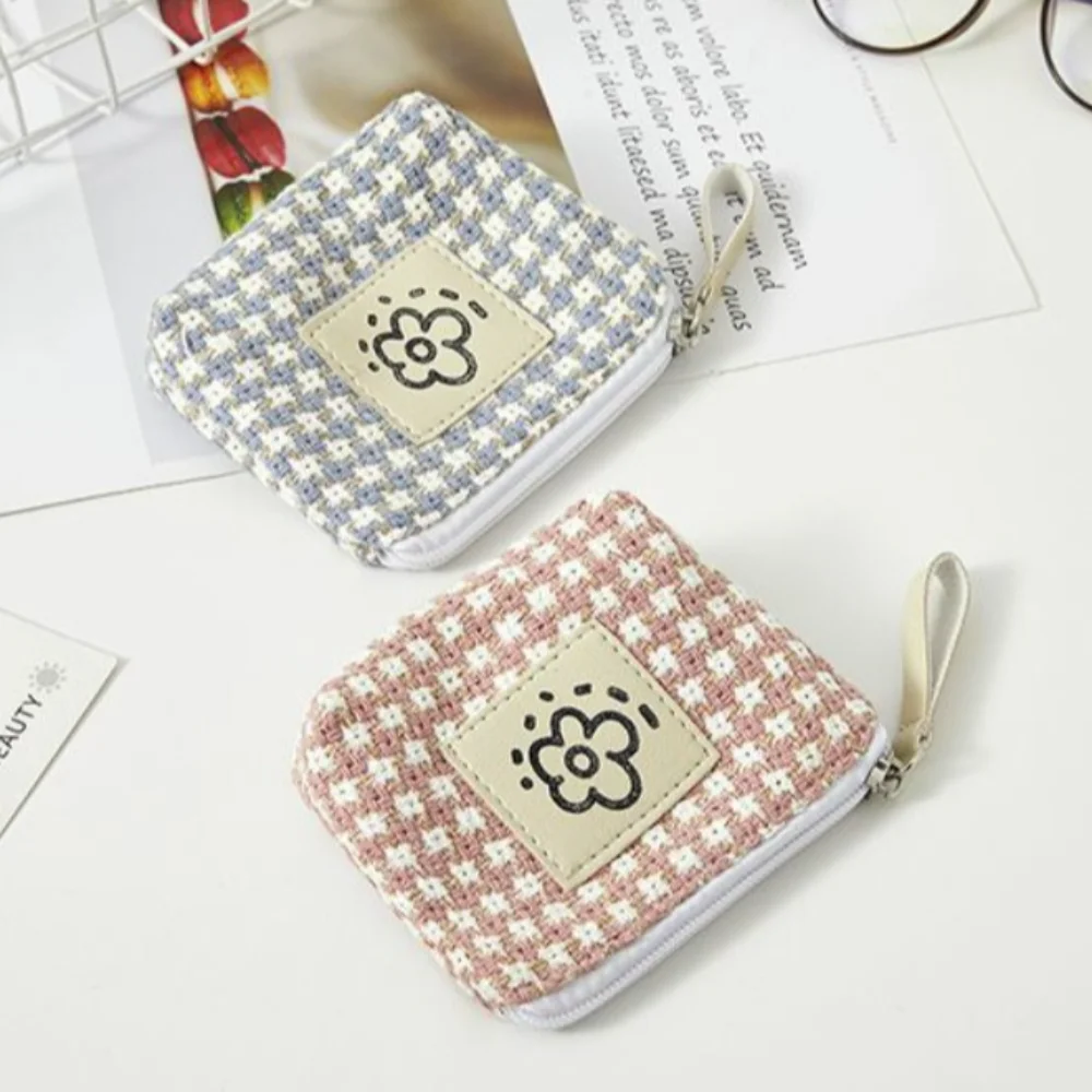 Cute Cartoon Flower Small Wallet Grid Pattern Solid Color Coin Purse Mini Key Case Women Girl