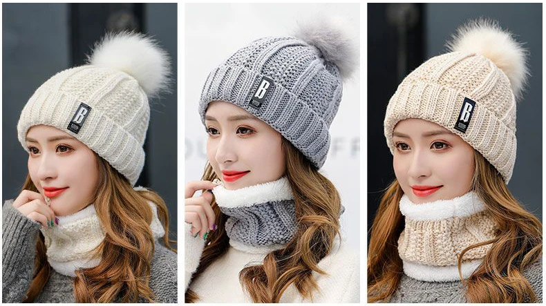 New fashion warm woolen hat for women hot autumn and winter Thermal cap for girl beanies fur pompom patchwork cable woolen hat