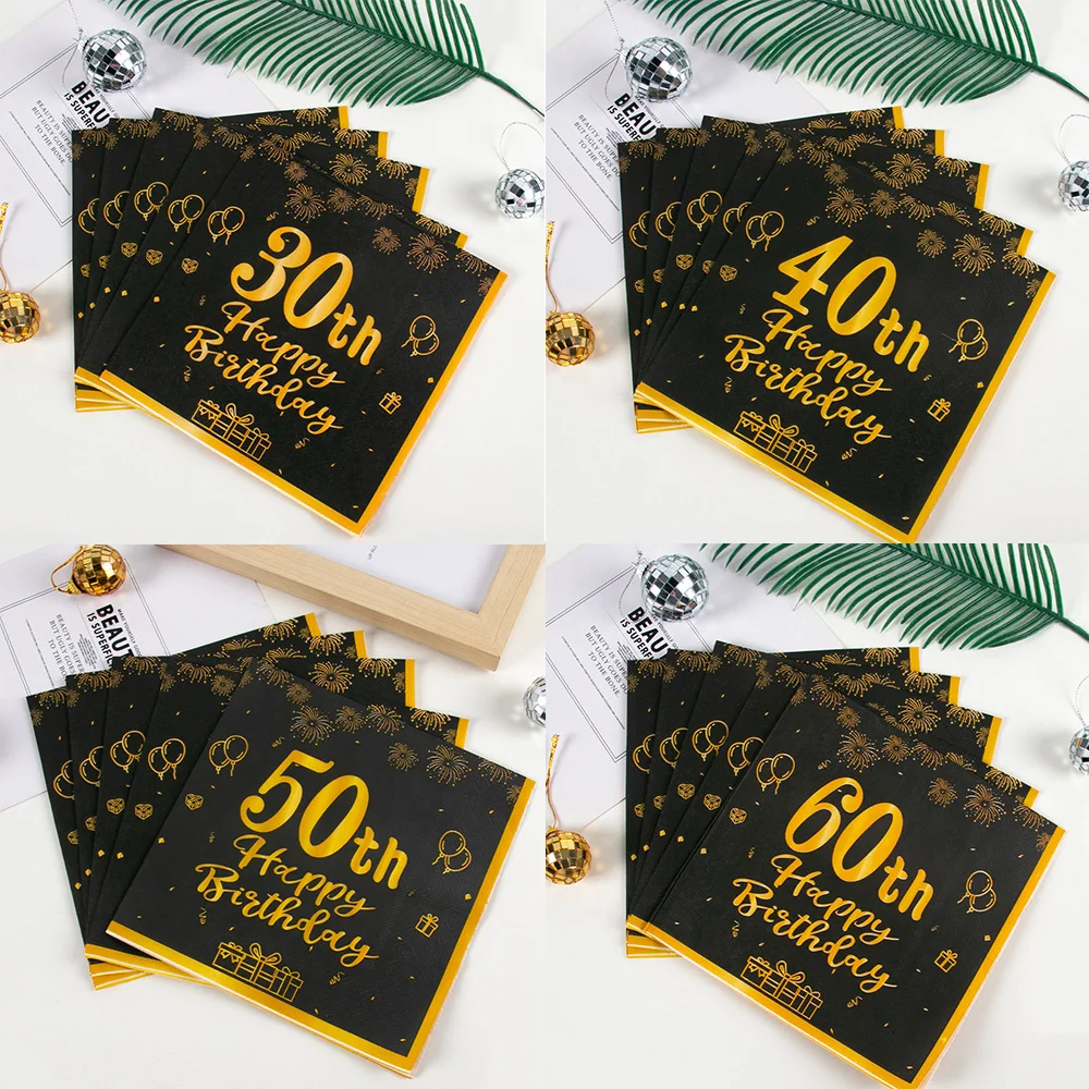 

20pcs Gold Balck 30th 40th 50th 60th Birthday Paper Disposable Napkins Cocktail Napkins 30 40 50 60 Years Birthday Decorations