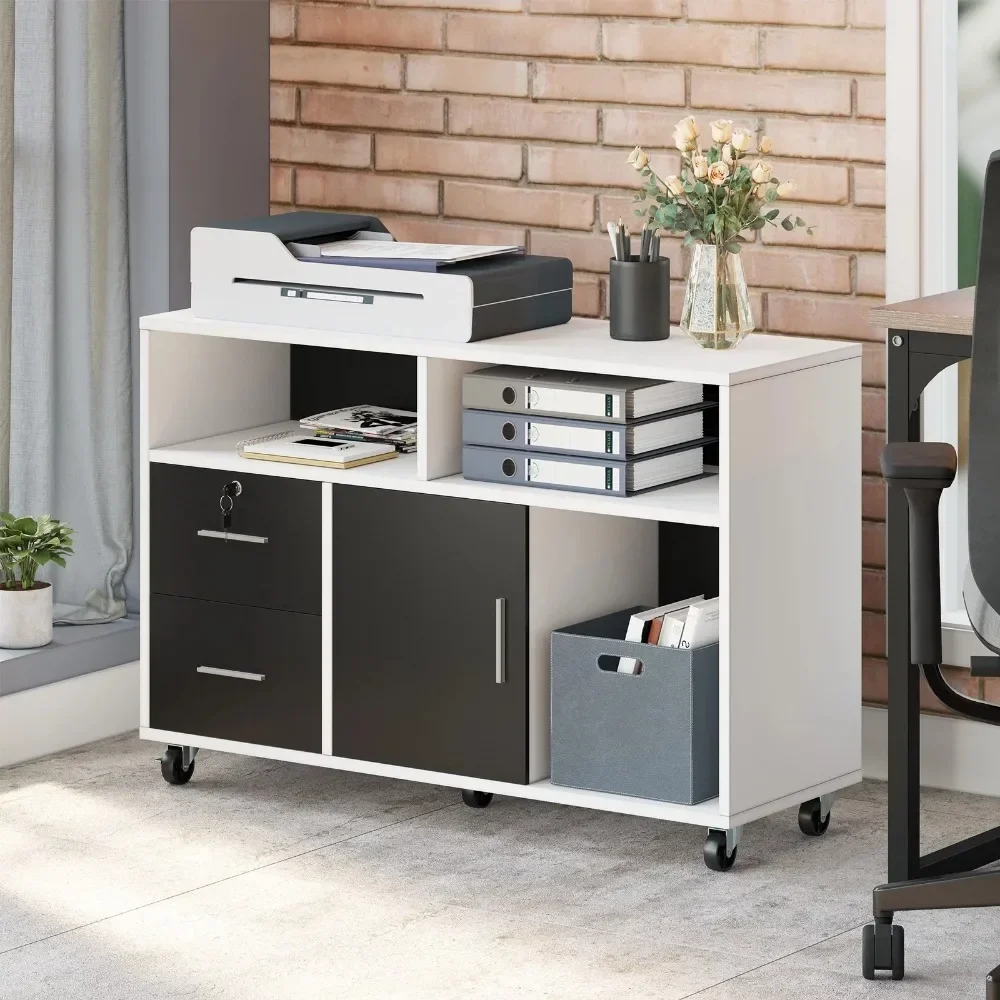 New 2 Drawer Wood File Cabinet, Mobile Lateral Filing Cabinet with Lock, Printer Stand with Open Storage Shelves for Home Office