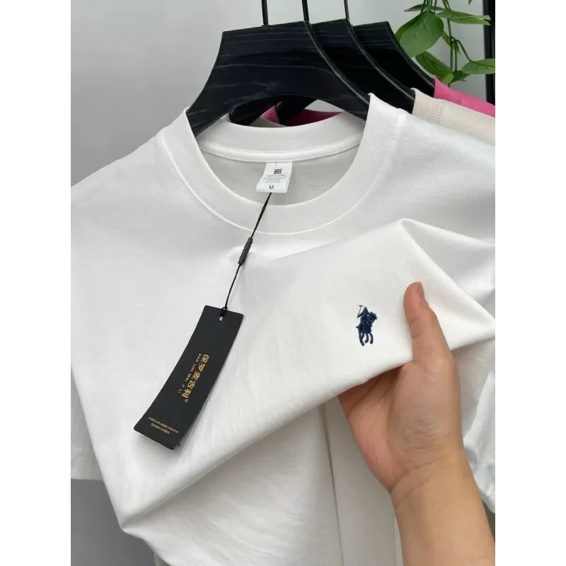 Camiseta de algodón de manga corta y cuello redondo para hombre, una prenda de verano de marca de lujo, muy vendida, con estampado 2D de pony, transpirable y exquisita.