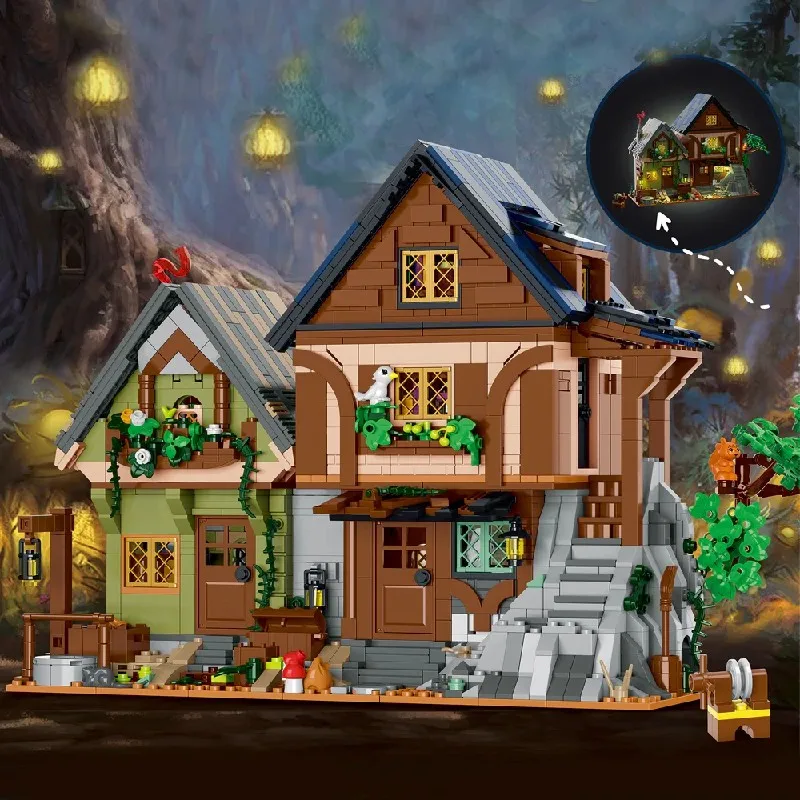 Klemmbausteine Mittelalterliche Städte Waldhütte LED Modulare Gebäude-Bausteine Set Stadtansicht Apartment Laden Haus Architektur Montage Ziegelstein-Modellbausatz Jungen Spielzeug Erwachsene Kinder