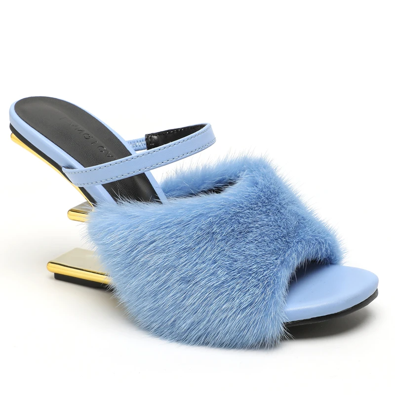 European and American style mink fur leather high heels, women\'s slim heels, summer new fish mouth sandals, women\'s fur slippers