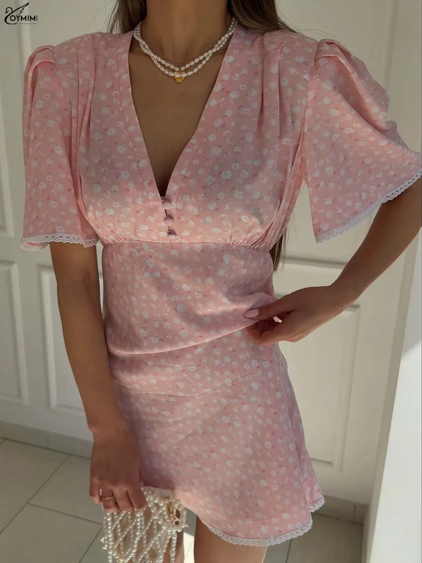 โออิมิมิชุดเดรสพิมพ์ลายสีชมพูหรูหราสำหรับผู้หญิงแฟชั่นคอวีแขนสั้นลูกไม้กระดุมชุดลำลองเอวสูงมินิเดรสหญิง