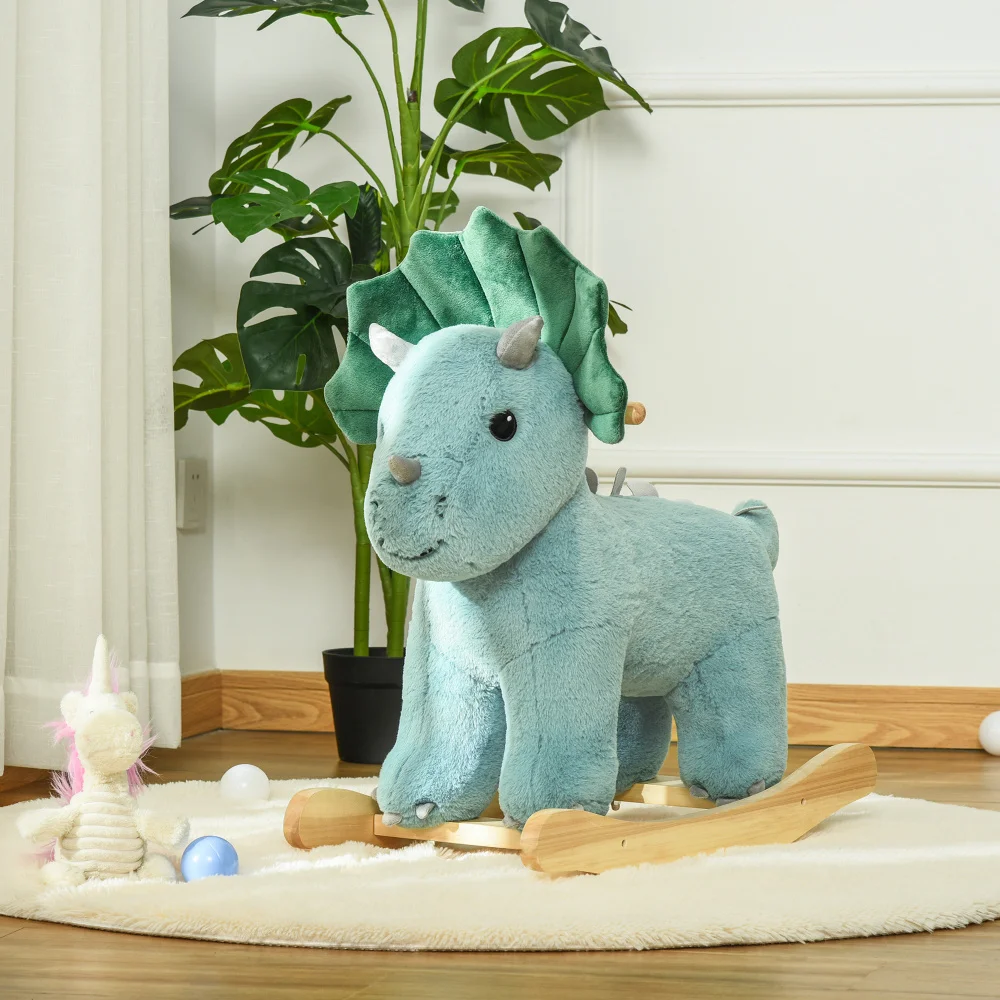 Kids Plush Ride-On Rocking Horse Triceratops-shaped Plush Toy Rocker with Realistic Sounds for Child 36-72 Months Dark Green