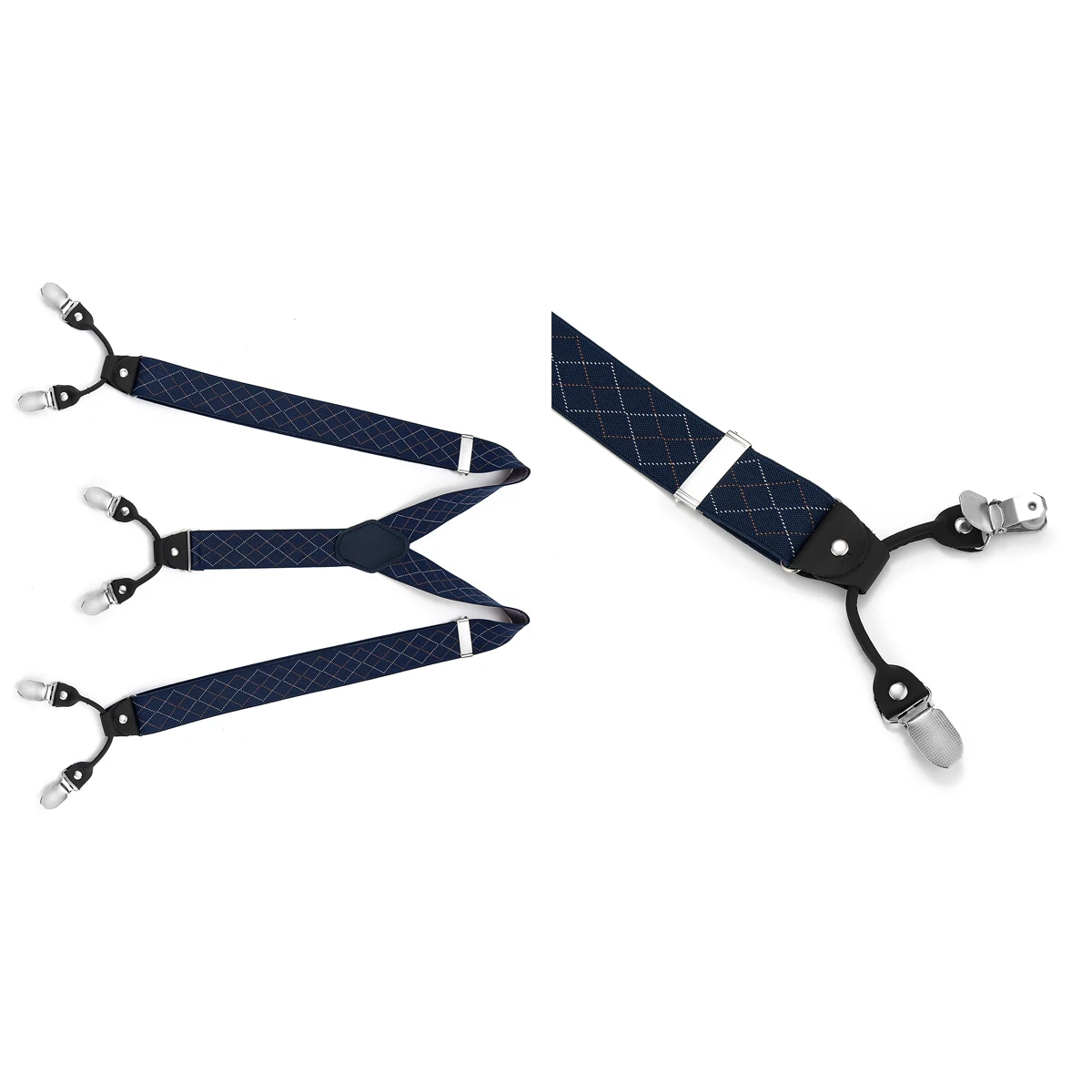 Estilo a cuadros azul marino retro británico, accesorios para pantalones de traje de caballero con seis clips para hombre, tirantes antideslizantes.