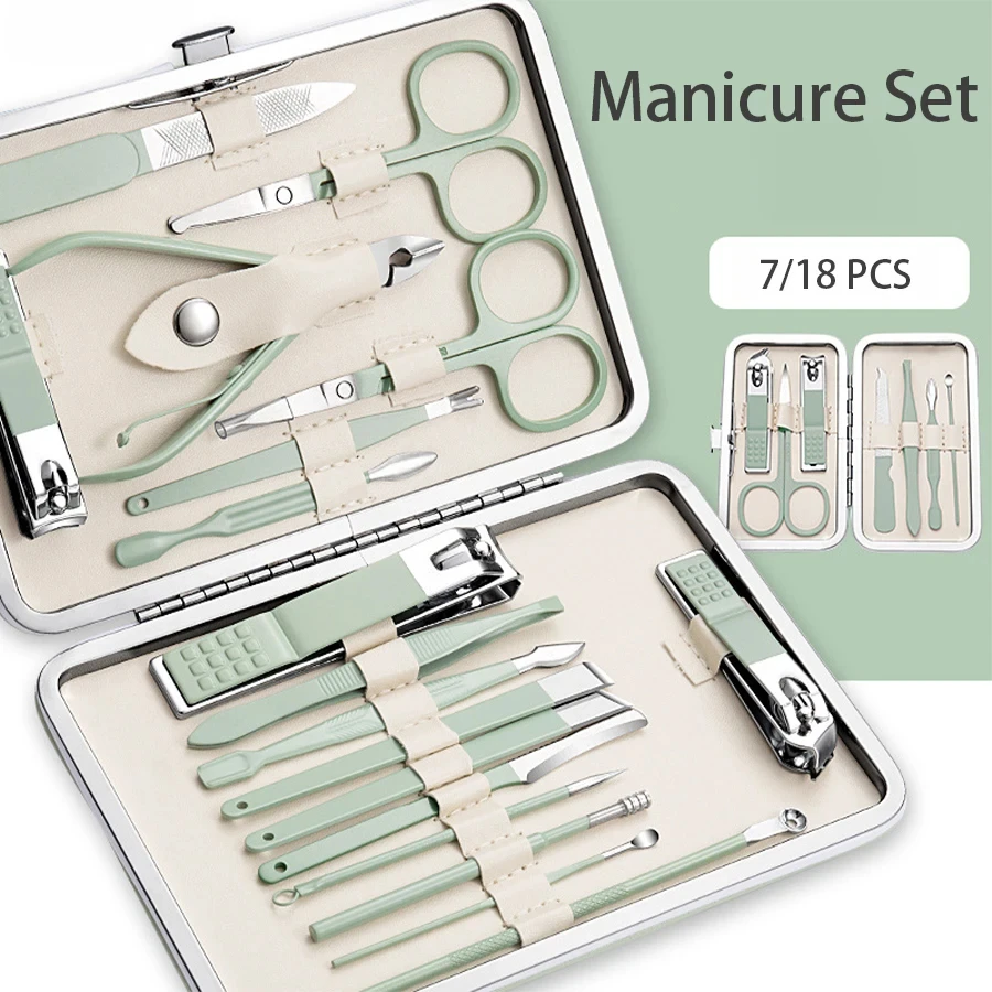 7/18 Pcs Manicure Set Stainless Steel Nail Clipper Set Nail Trimming Eagle Nose Pliers Portable Leather Travel Case Gifts