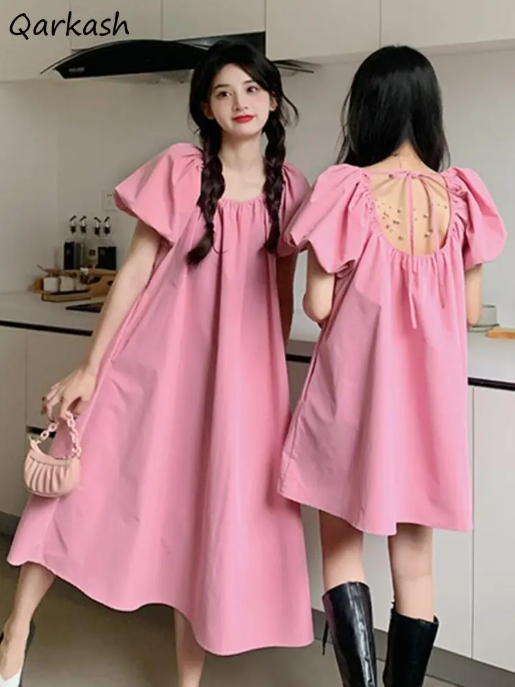 Backless Dresses Women Lace-up Loose Sweet Summer Puff Sleeve Korean Style Ins Personality College Fashion Ulzzang Solid Classic