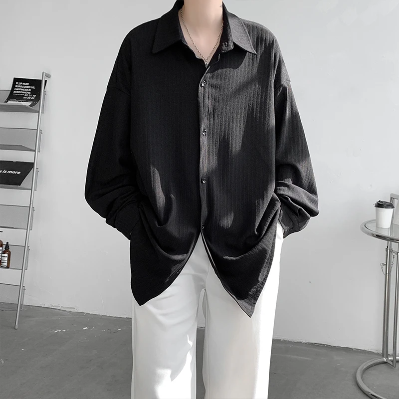 Ice Silk Long-sleeved Draped Shirt Men\'s Summer Black White Button Up Blouse Men High Quality Handsome Striped Texture Tops