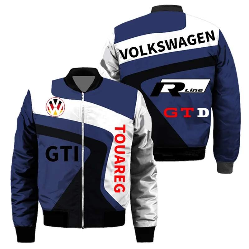 The 3D Volkswagen series themed trendy jacket features an orange white black design and is the new men's fashion jacket for 2025