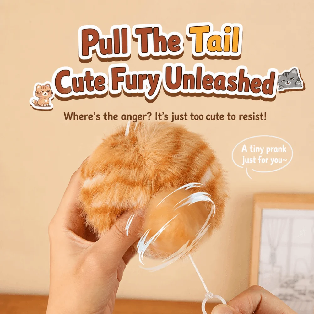 Pull Cord Wag Its Tail Angry Cat Keychain Pendant Grey Yellow Squeaking Sound Key Ring Pendant Cartoon Cat Bag Ornament