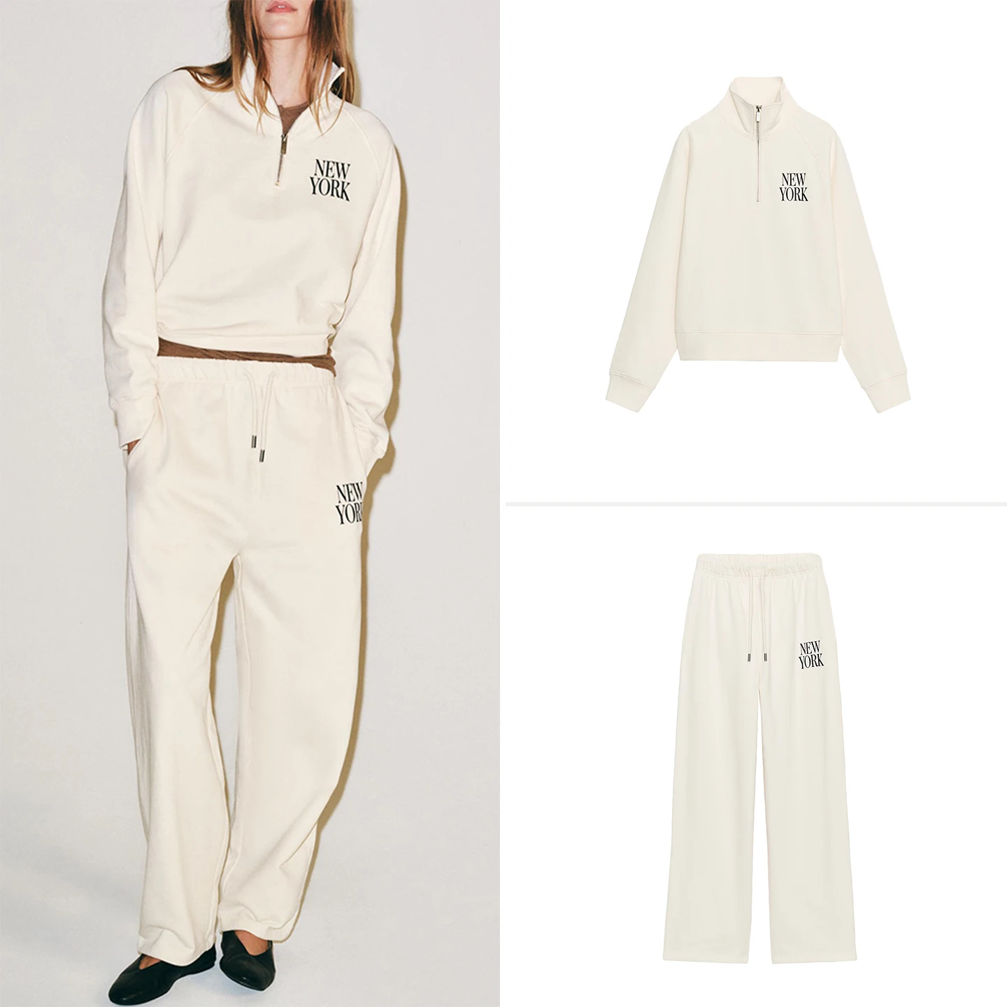 Women's Fashion Sweatshirt Zipper Design Long Sleeve Stand Collar Color Block Elastic Waist Belted Straight Leg Pants Set
