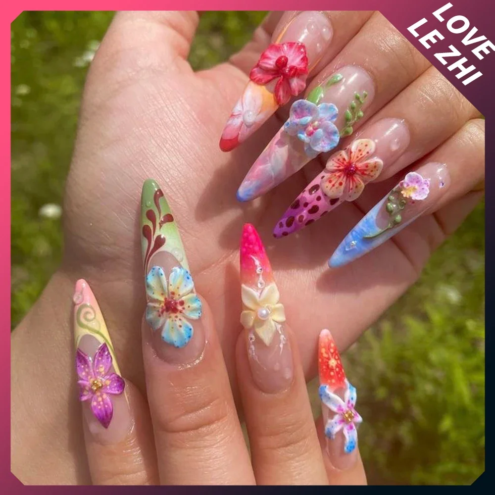 Handmade Press On Nails Y2K 3D French Almond Flowers Full Cover Bow Design Anime Peripherals Fake Nails Manicure Nail for Women