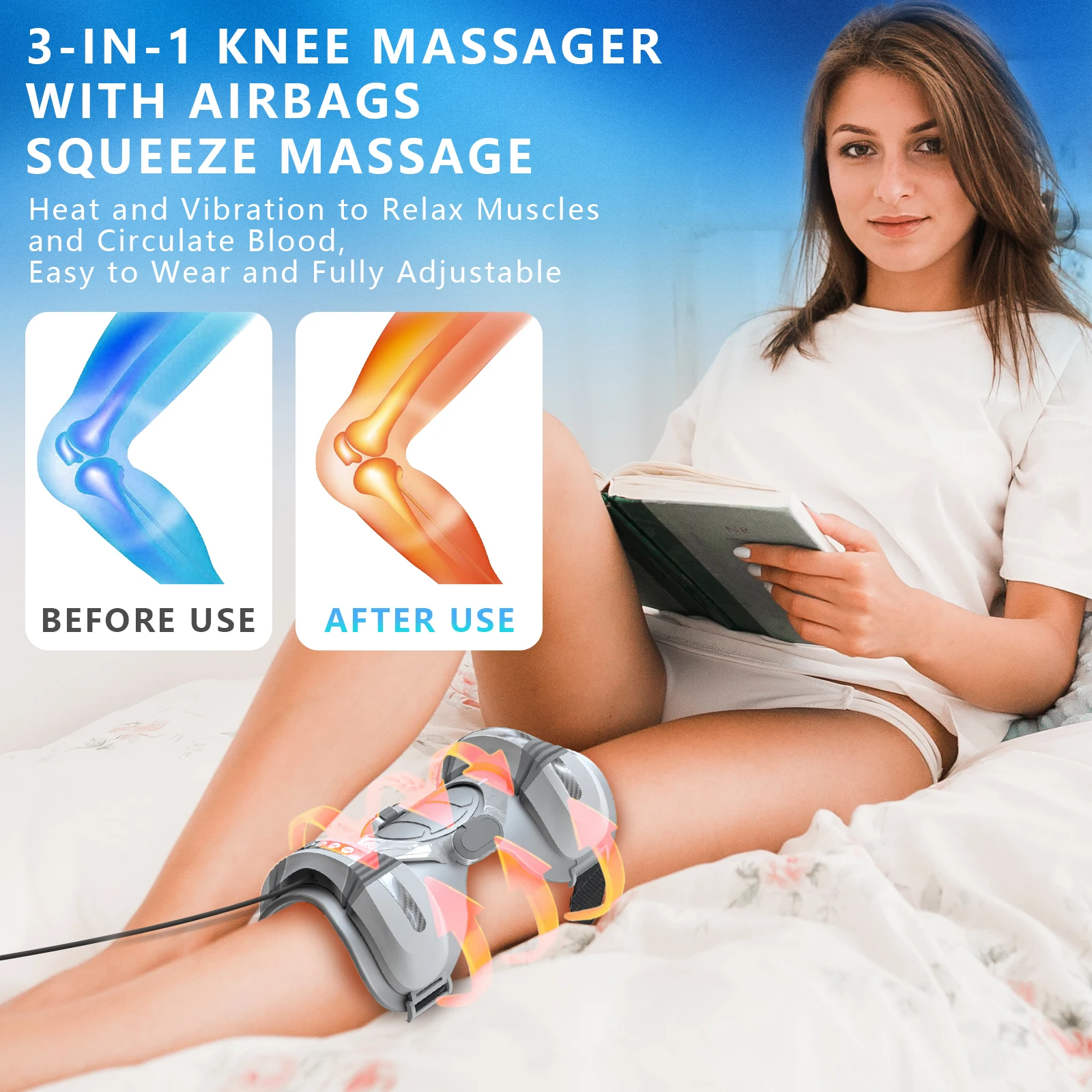 Knee Massager 4 Airbag 3-IN-1 3 Level Squeeze Massage Heat Vibrating Relaxes Muscles Circulates Blood Relieve Knee Pain